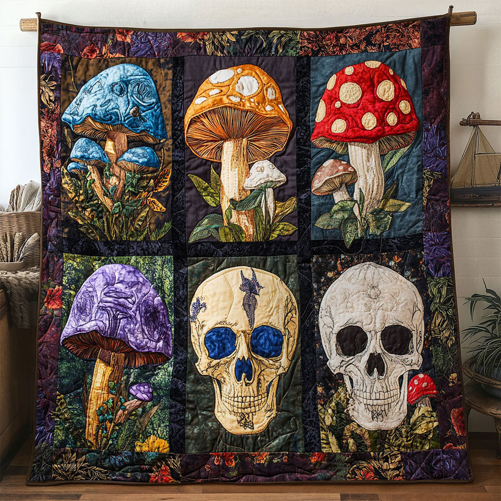 Cosmic Fungi Skull Quilt Blanket Best Throw Blanket Christmas Mushroom Lovers Gifts