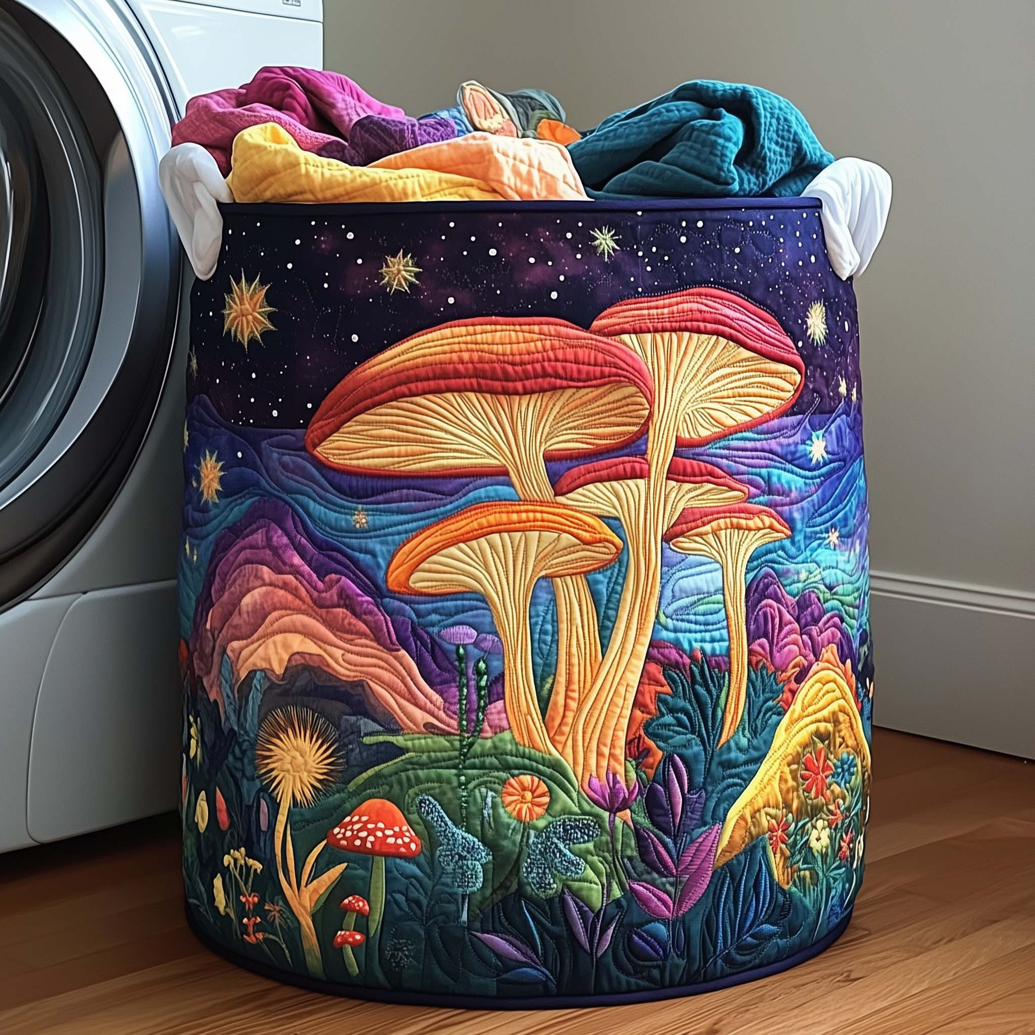 Cosmic Glowing Quilted Laundry Basket Mushroom Graphic Laundry Room Decor Gifts For Mother