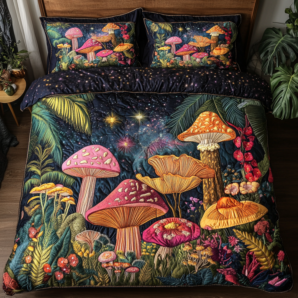 Cosmic Mushroom Quilted Bedding Set Cozy Bedroom Decor Cute Mushroom Gifts