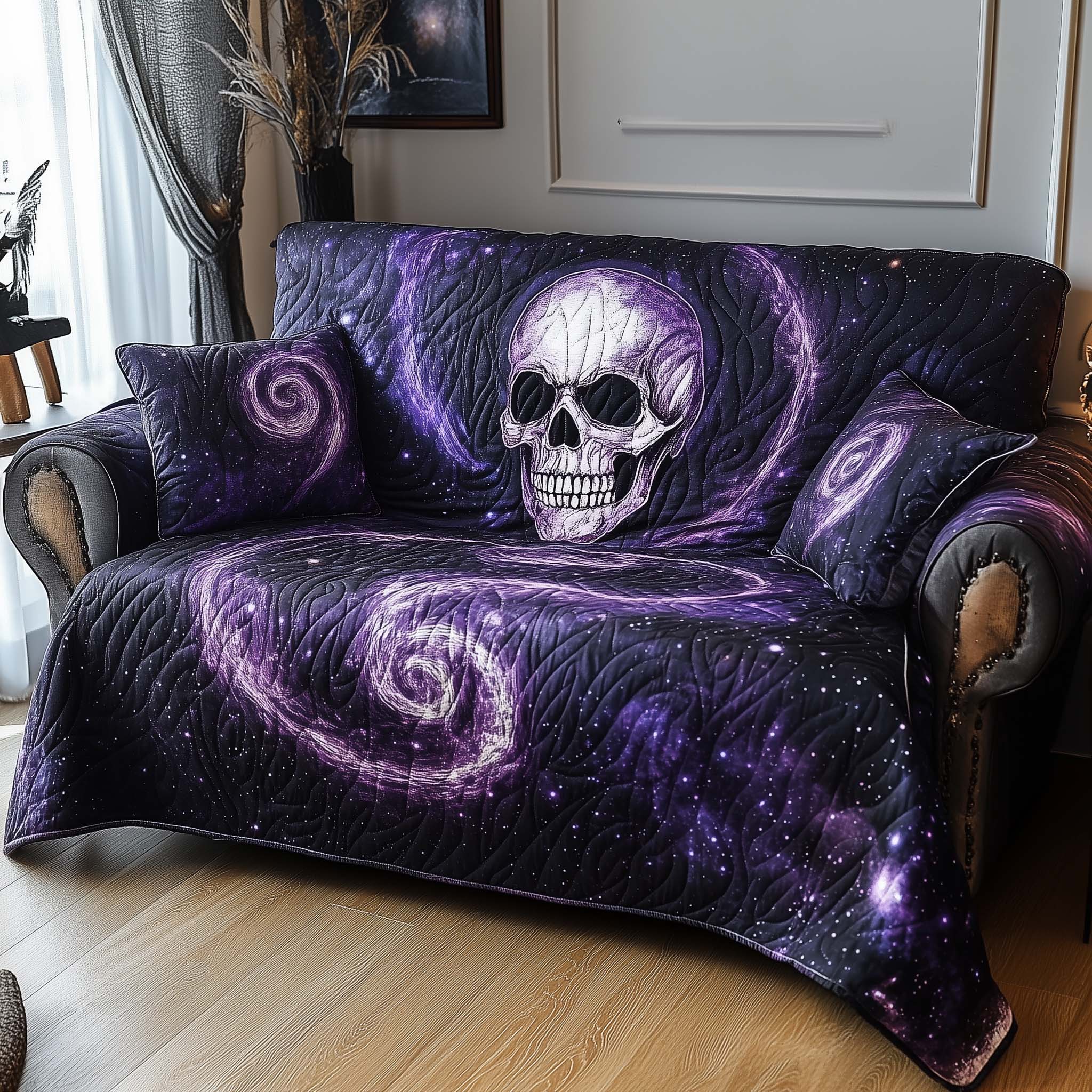 Cosmic Nebula Skull Quilted Sofa Cover Galaxy Space Skull Graphic Cover Themed Gifts