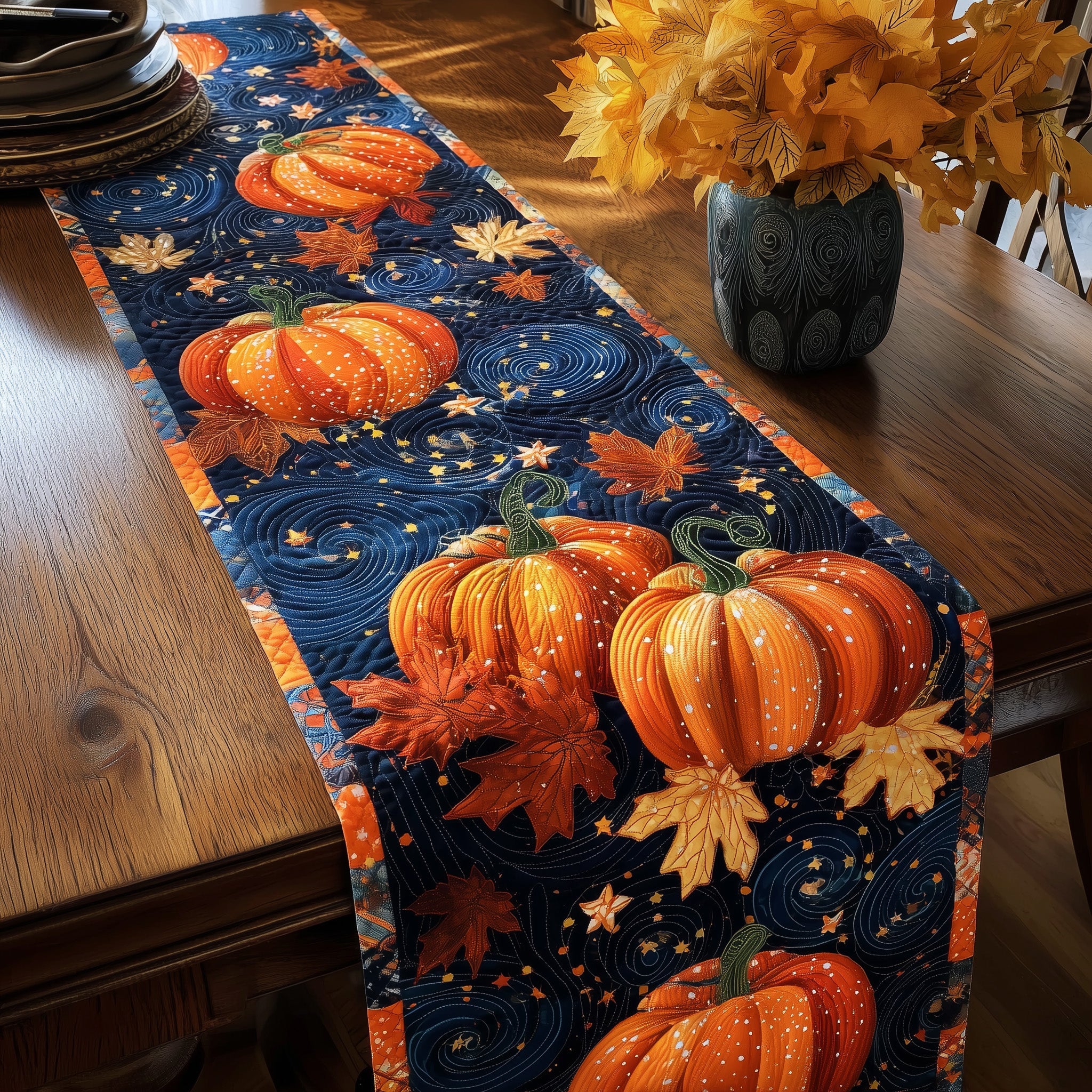 Cosmic Pumpkin Quilted Table Runner Holiday Table Runner Decoration