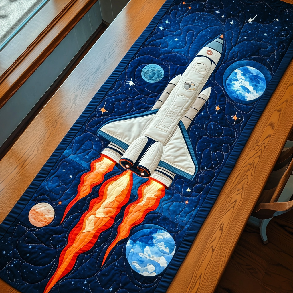 Cosmic Rocket Quilted Table Runner Kitchen Table Decor Rocket Gifts For Adults