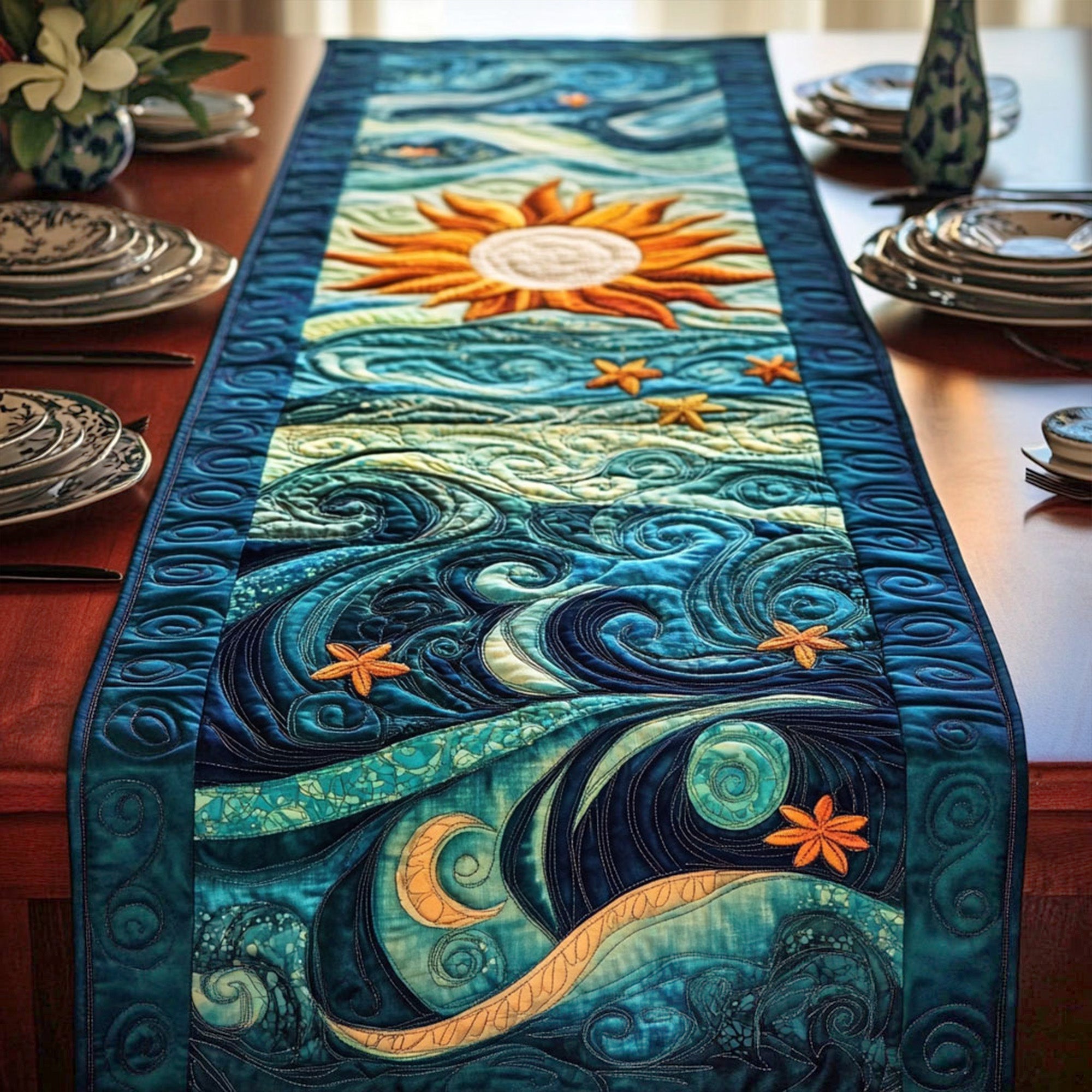 Cosmic Tides Quilted Table Runner Dining Decor Presents For Ocean Lovers