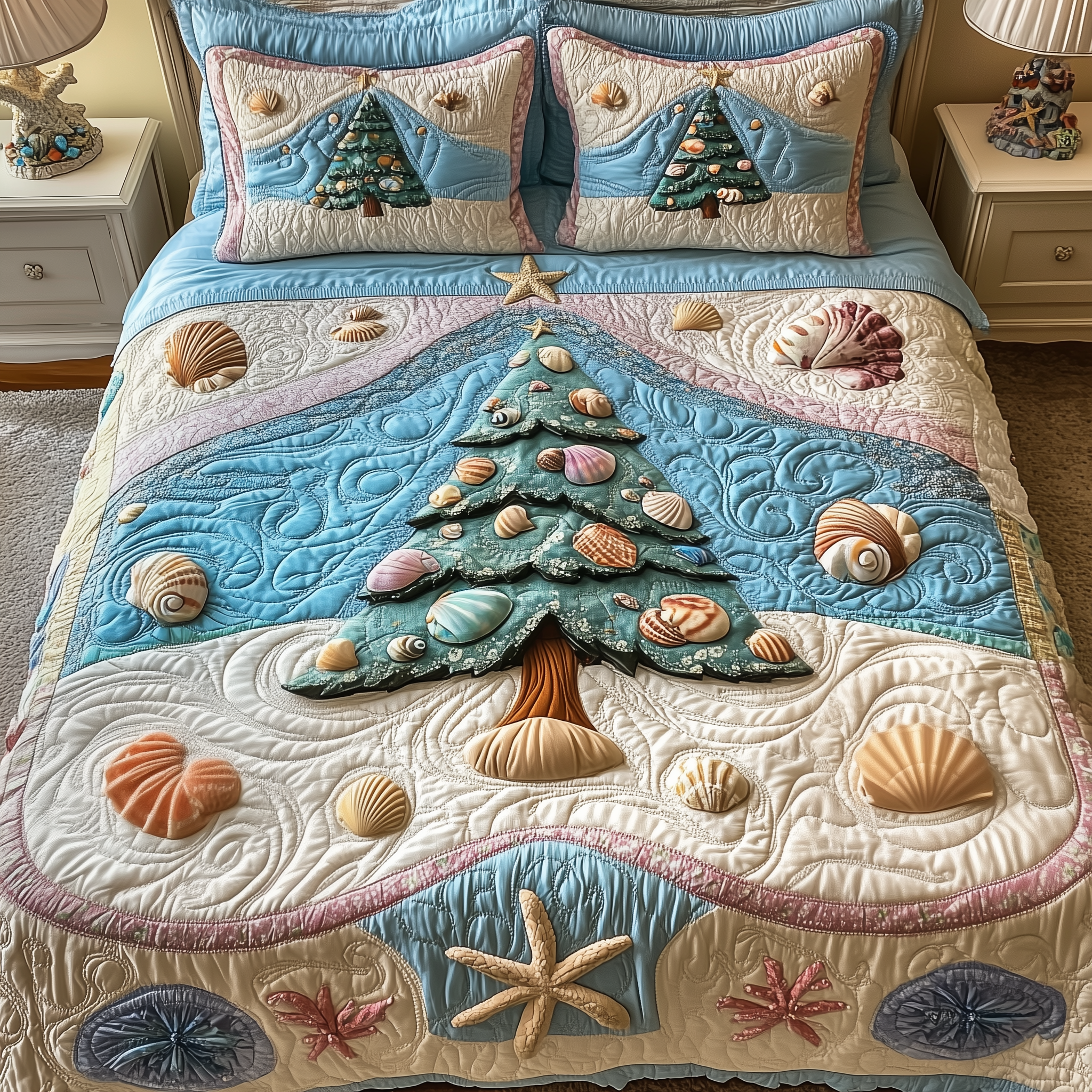Costal Christmas Tree Quilted Bedding Set Moms First Christmas