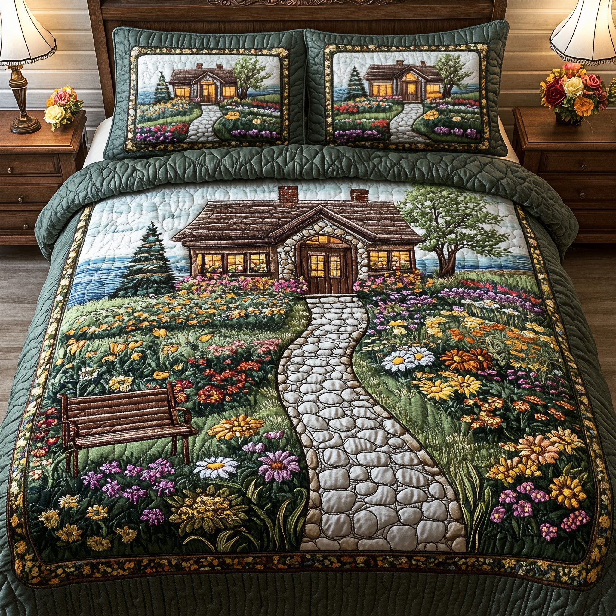 Cottage in Bloom Quilted Bedding Set Duvet Cover Merchandise First Home Gifts
