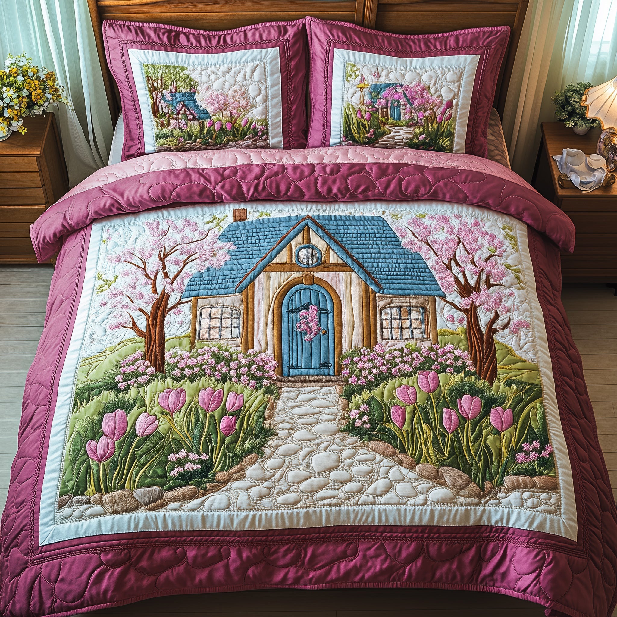 Cottage in Bloom Quilted Bedding Set Duvet Cover Merchandise Gifts For Homeowners