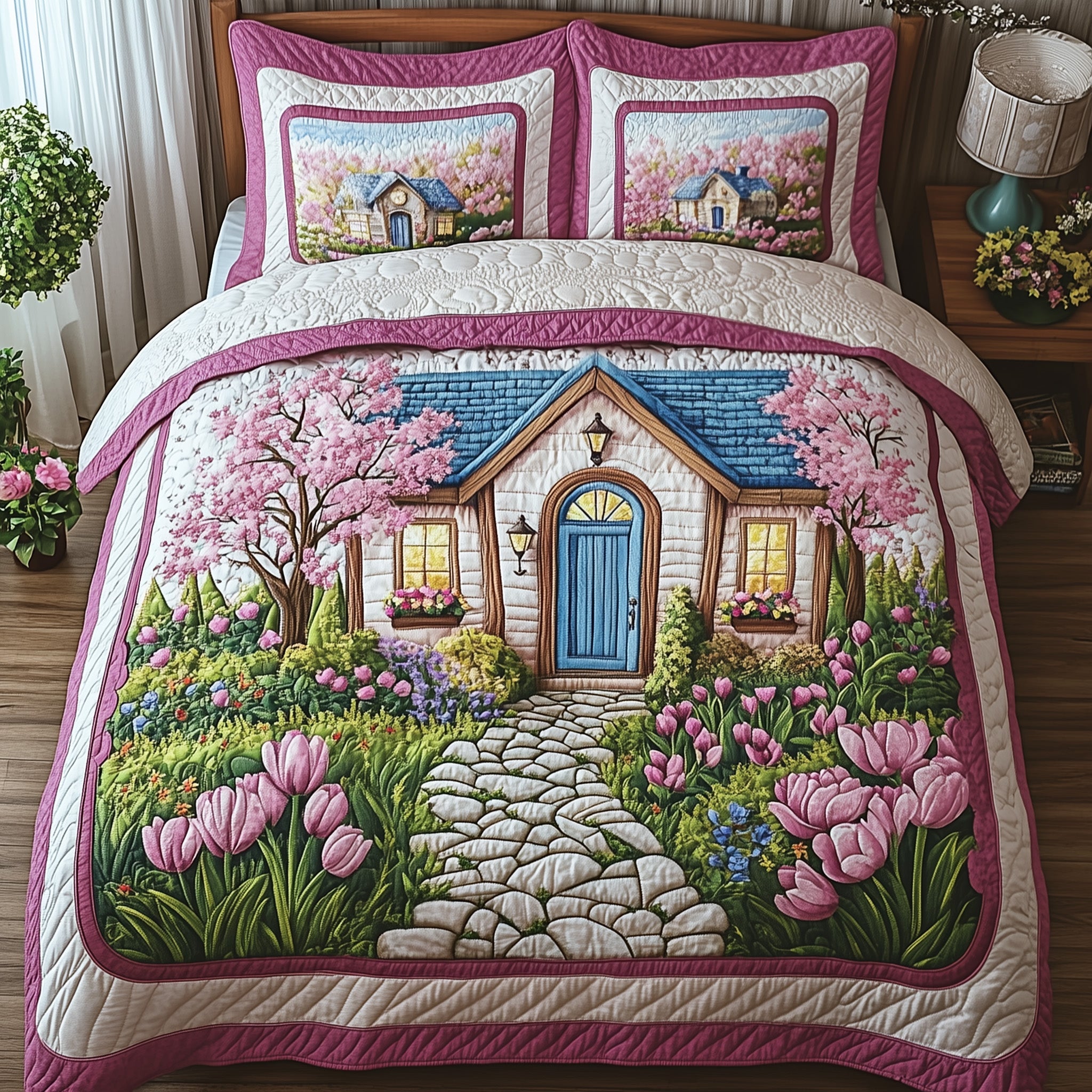 Cottage in Bloom Quilted Bedding Set Duvet Cover Merchandise Gifts For House Warming