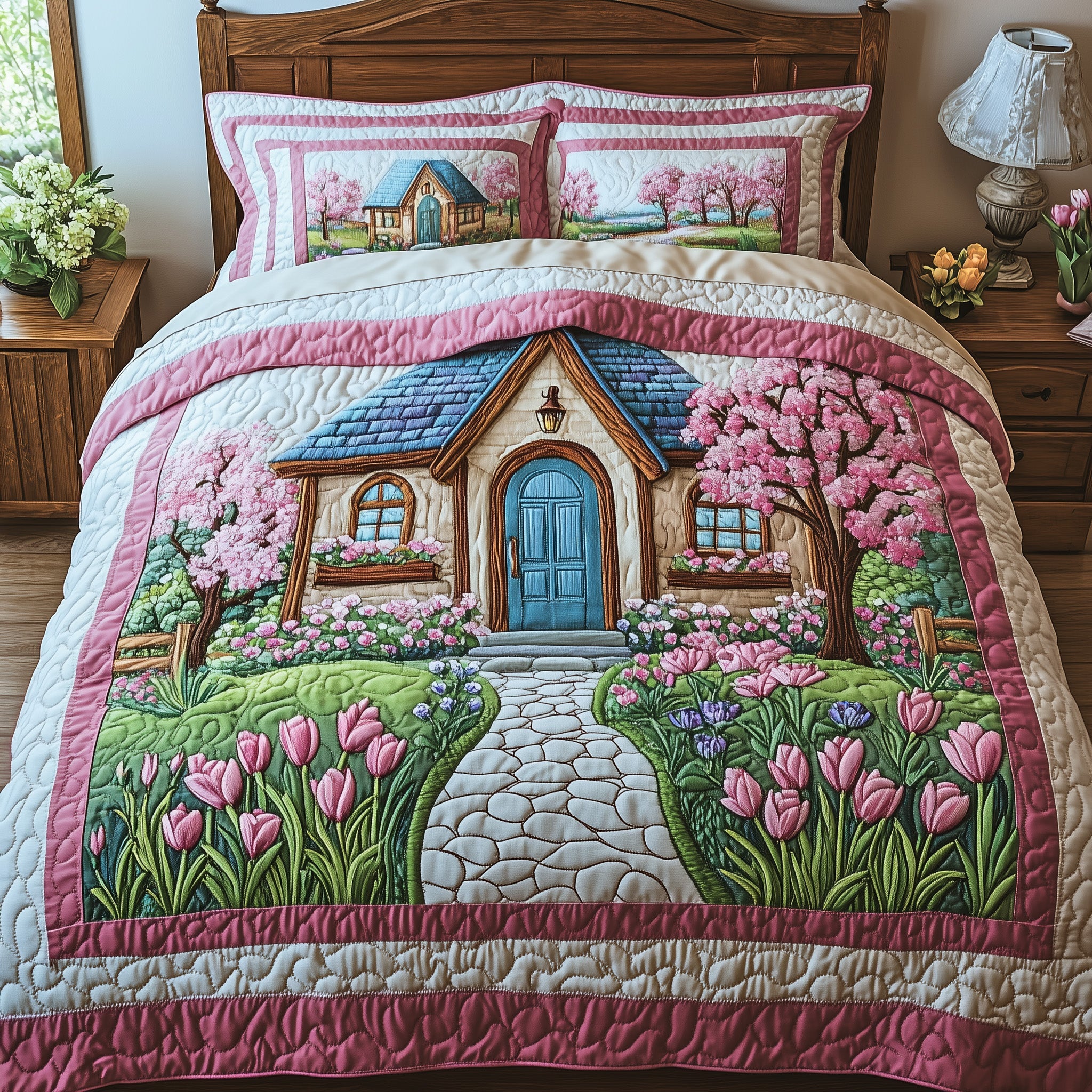 Cottage in Bloom Quilted Bedding Set Duvet Cover Merchandise Household Gifts For Couples