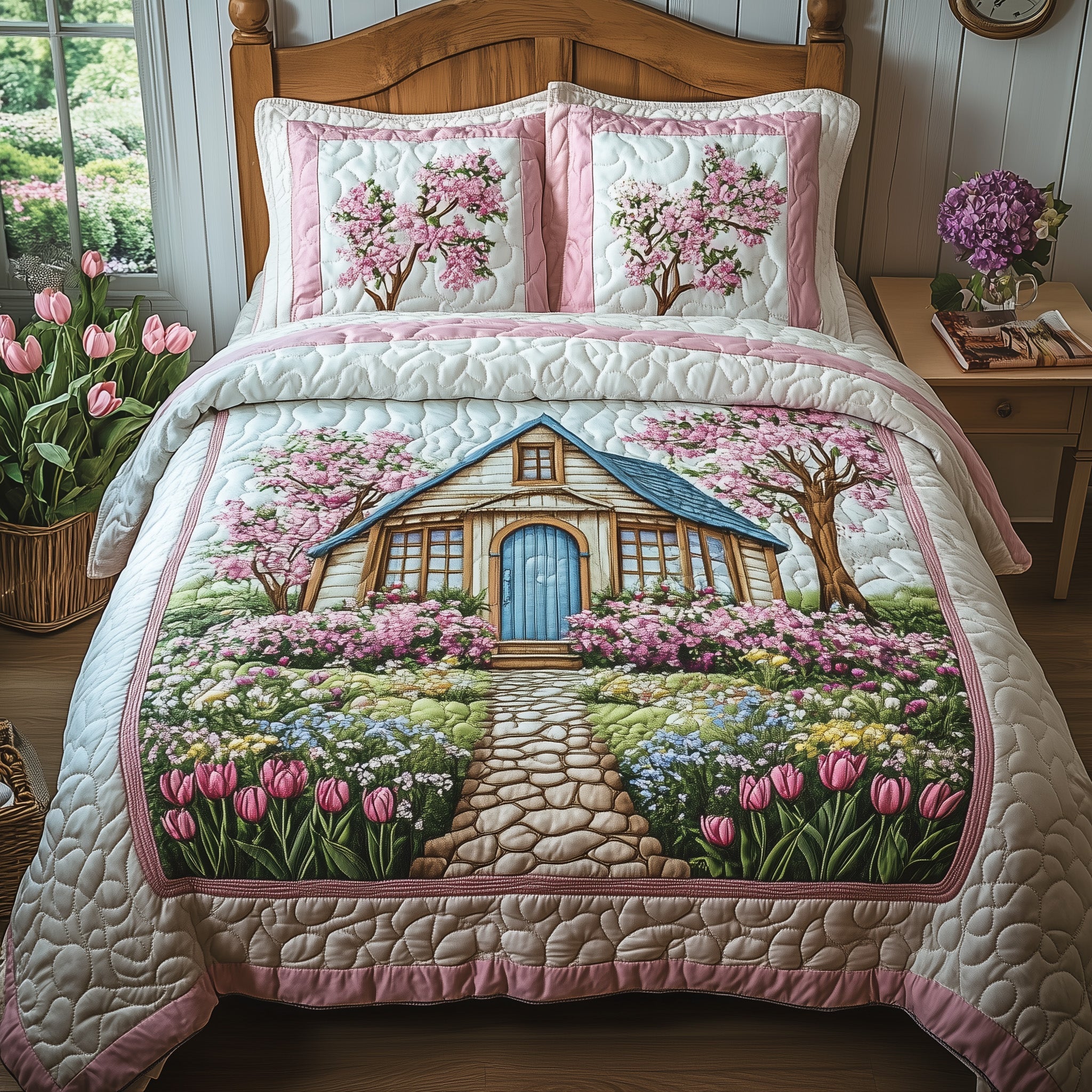 Cottage in Bloom Quilted Bedding Set Duvet Cover Merchandise Nice Housewarming Gifts