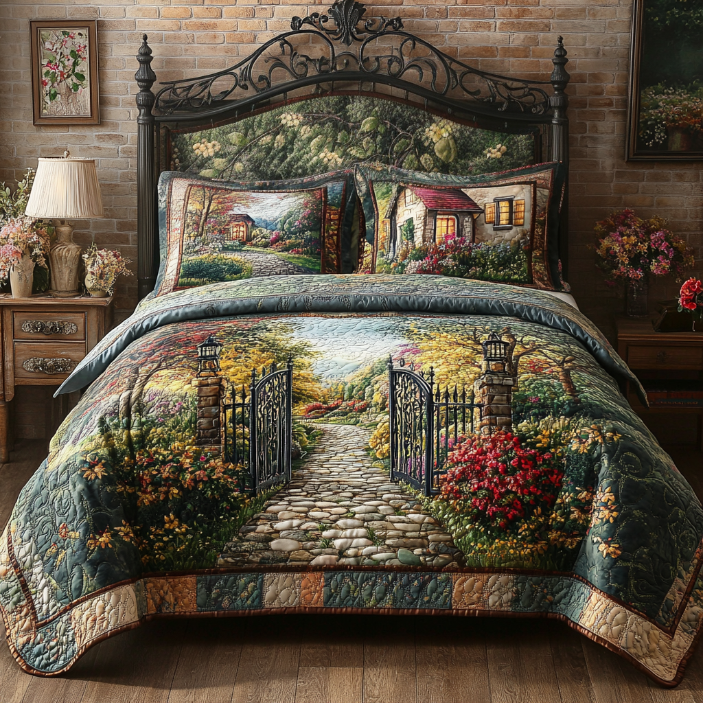 Cottage Pathway Set Quilted Bedding Set Cozy Bedroom Decor Christmas Floral Gifts