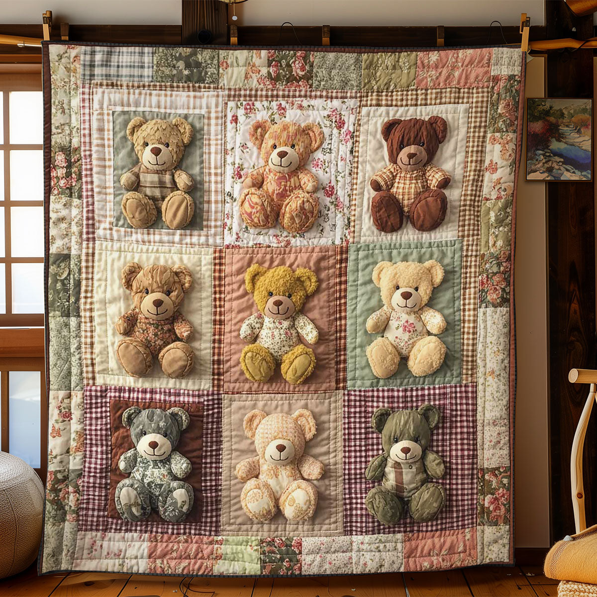 Cottage Teddy Bear Quilt Elegant Quilt Blanket Gift for Housewarming