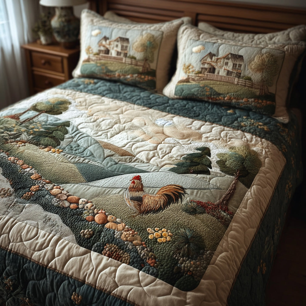 Countrry Rooster Quilted Bedding Set Aesthetic Room Decor Nice Family Christmas Gifts