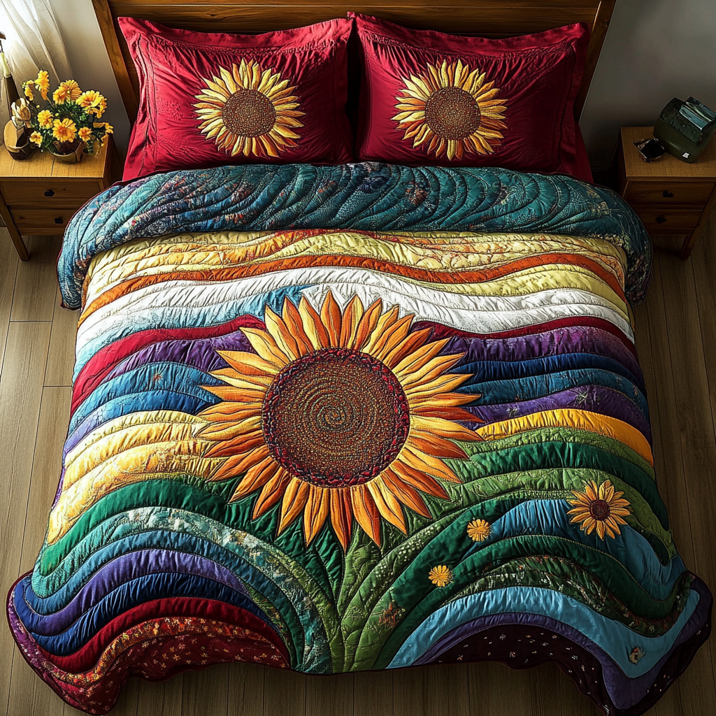 Country Bloom Quilted Bedding Set Cute Room Decor Sunflower Theme Gifts