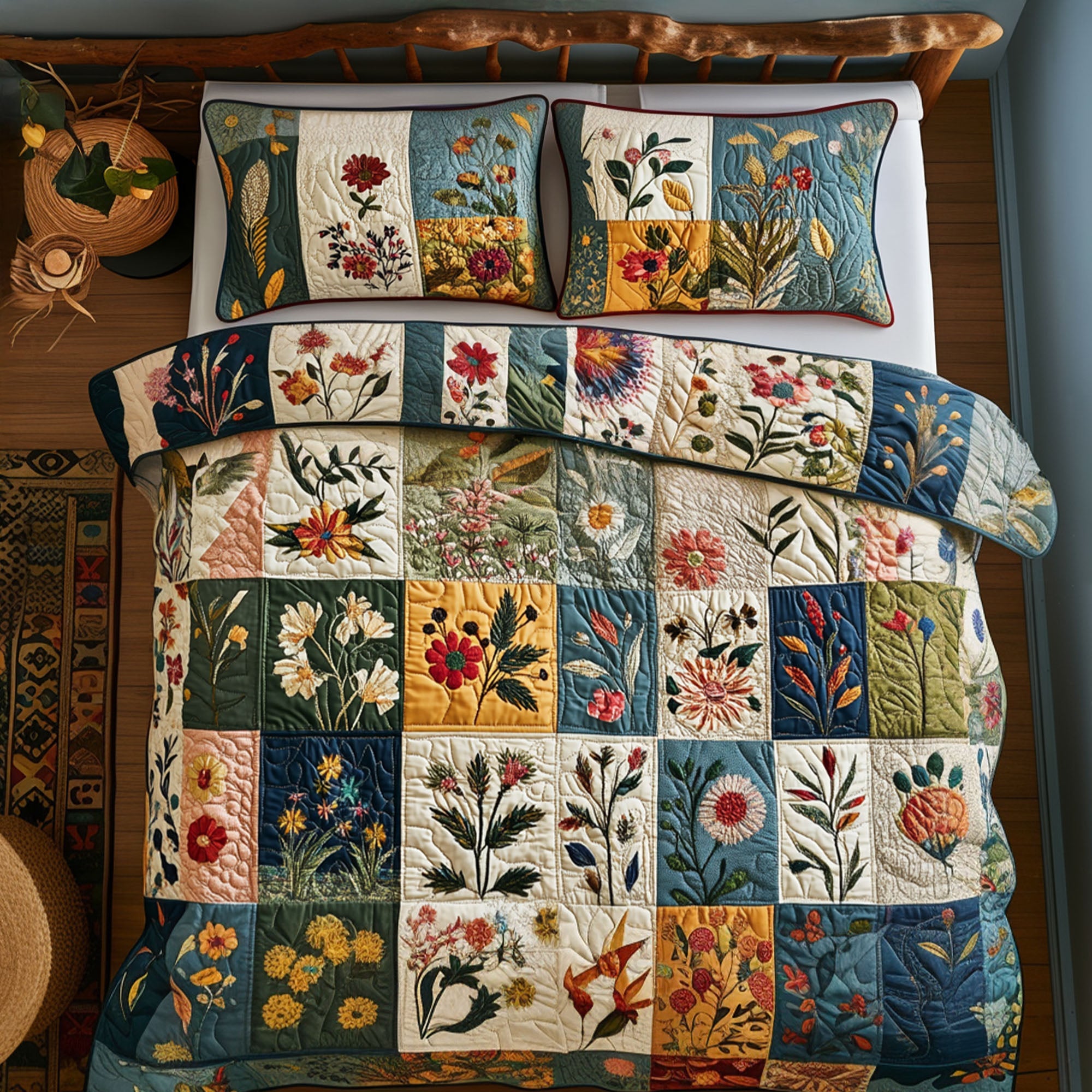 Country Bouquet Quilted Bedding Set Bed Decorations Gifts For Flower Enthusiasts
