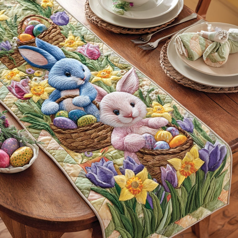 Country Bunny Quilted Table Runner Easter Farmhouse Table Decor Gift For Easter Lovers