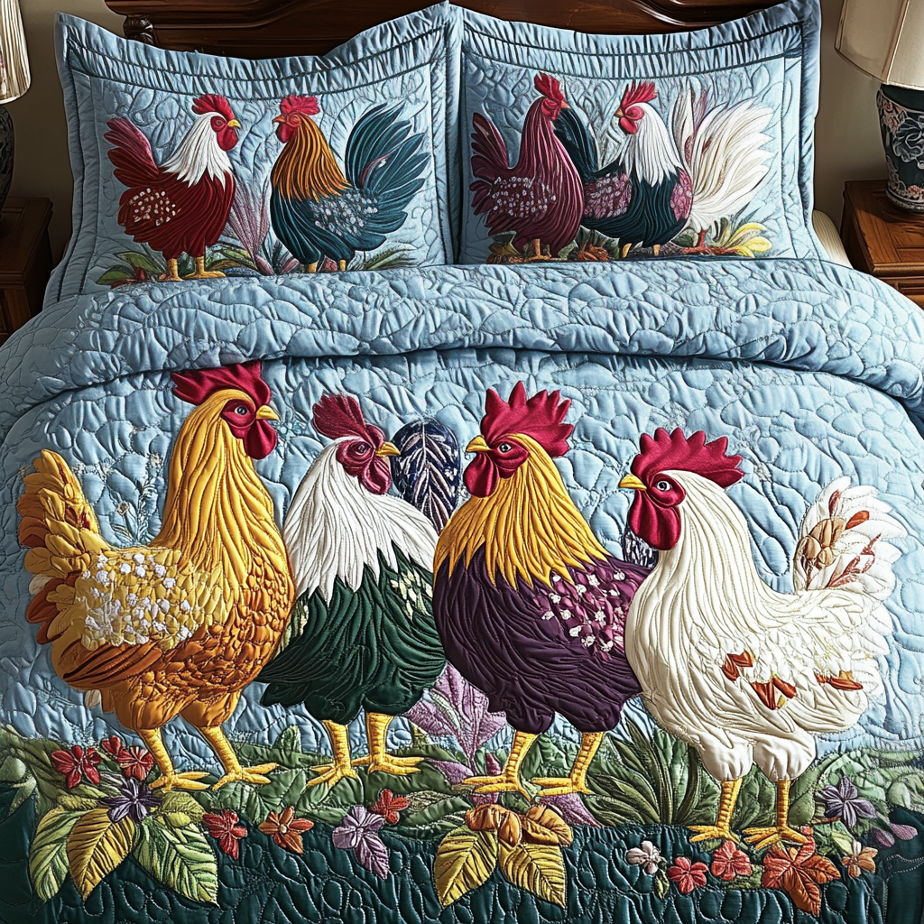 Country Cluck Quilted Bedding Set Bed Room Decoration Chicken Related Gift Items