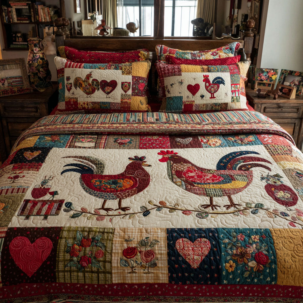 Country Coop Quilted Bedding Set Cozy Bedroom Decor Chicken Novelty Gifts