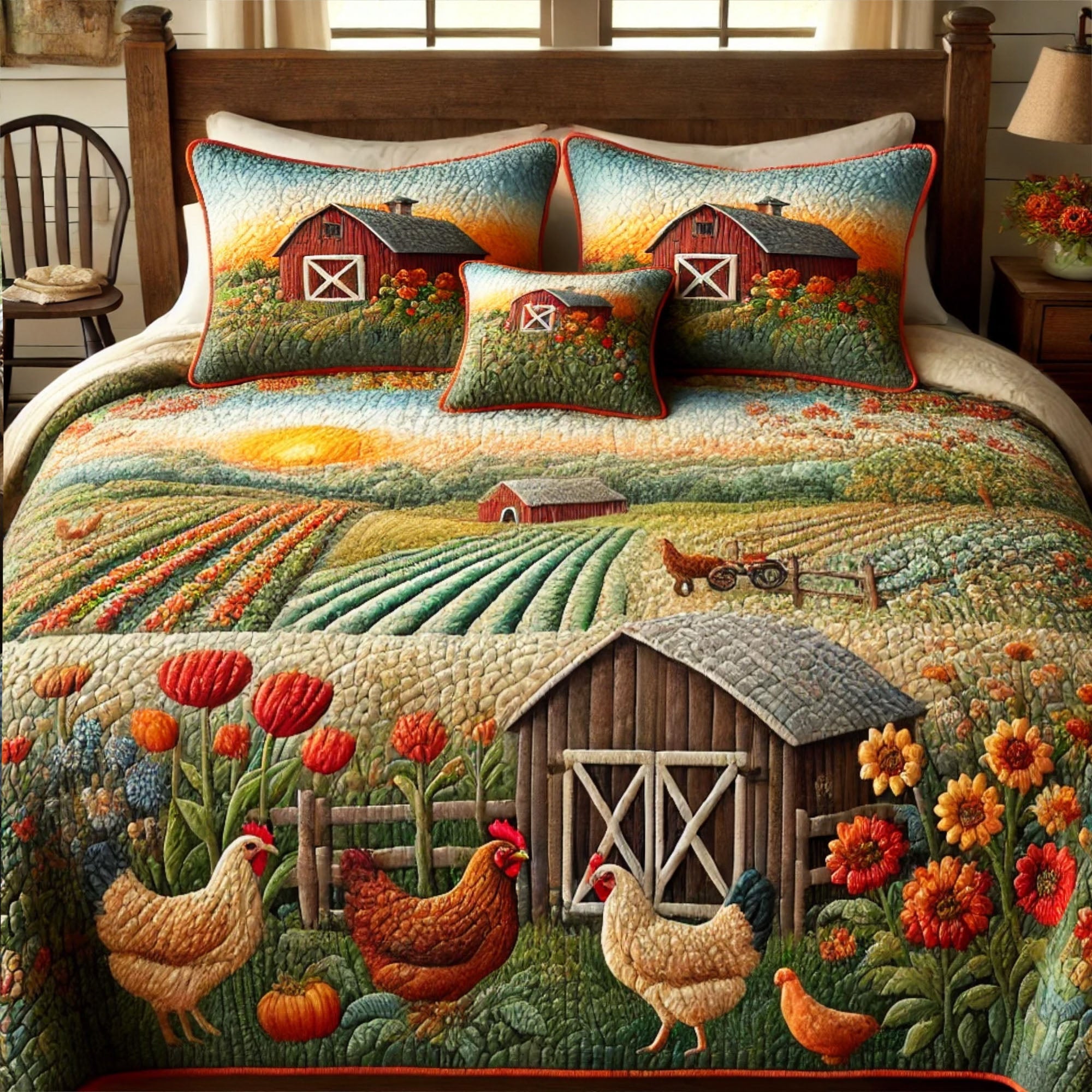 Country Cottage Quilted Bedding Set Holiday Duvet Cover Set Presents For Chicken Lovers