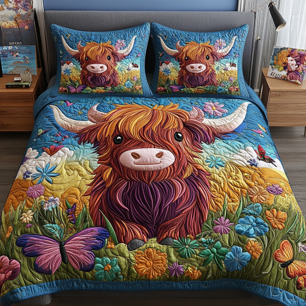 Country Cow Quilted Bedding Set Bed Decor Ideas Gifts For Highland Cow Lovers