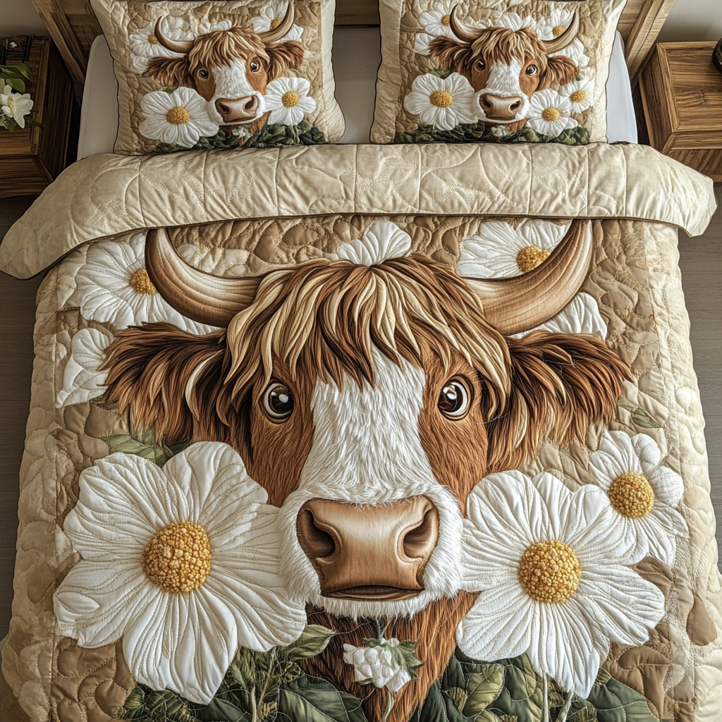 Country Cow Quilted Bedding Set Bed Room Decoration Highland Cow Gift Ideas