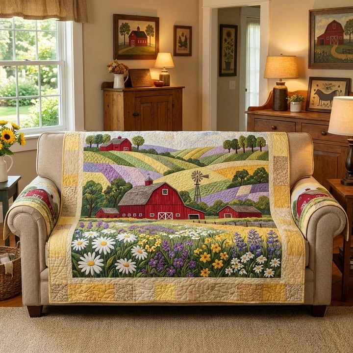 Country Farm Quilted Sofa Cover Cat Lover Home Decor Gift For Cozy Living Room