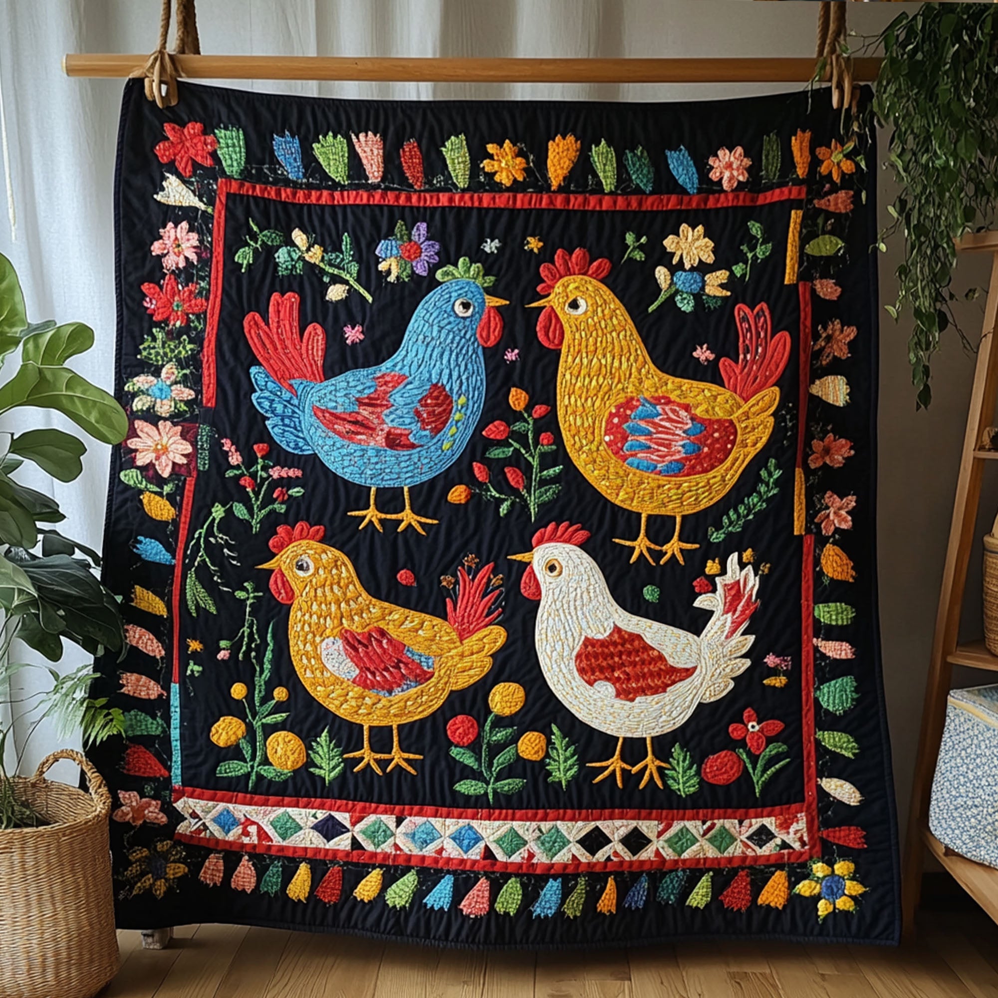 Country Feathered Friends Quilted Blanket Bed Christmas Decor Gifts For Chicken Lovers