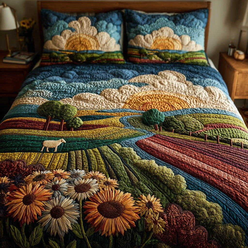 Country Flower Scene Quilted Bedding Set Bed Room Decoration Christmas Gifts For Mum