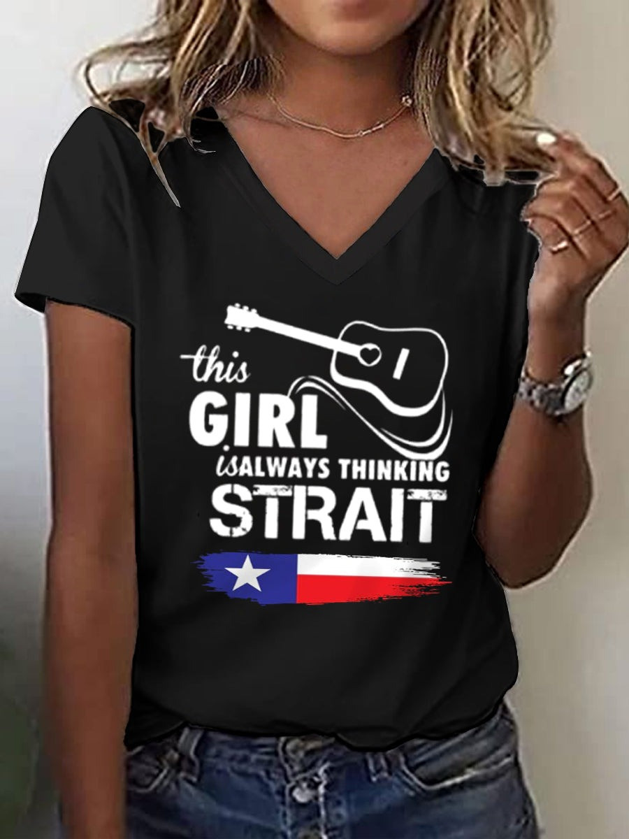 Country Music Fan V-neck T-Shirt This Girl Is Always Thinking Strait T-Shirt Women's Gifts