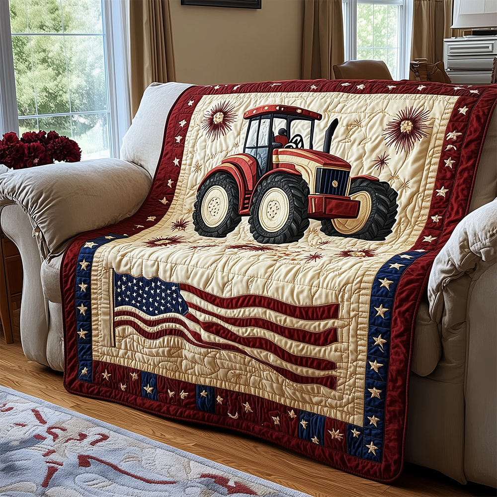Country Pride Tractor Quilted Blanket USA Flag Pattern Unique Farmer Tractor Gifts For Him