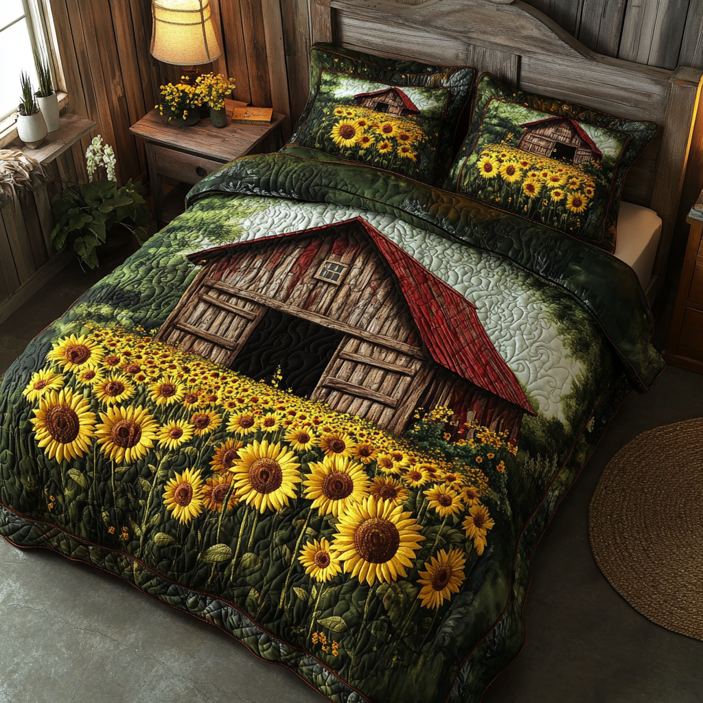 Country Rays Quilted Bedding Set Cute Room Decor Sunflower Gift Items