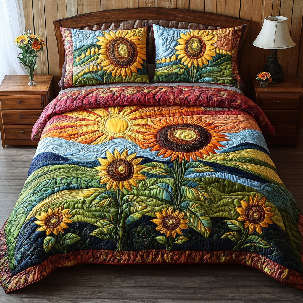 Country Sunbeam Quilted Bedding Set Bed Room Decoration Sunflower Gifts For Women