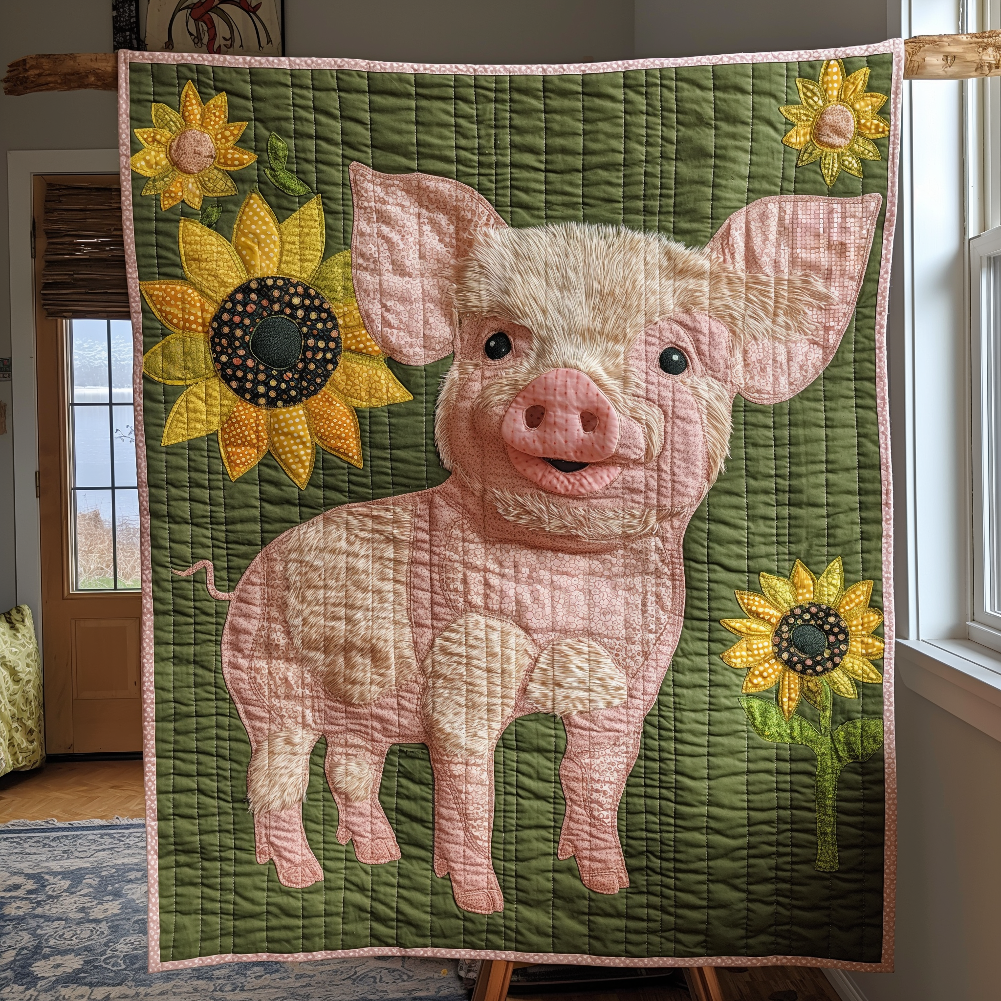 Country Sunflower Pig Quilted Blanket Cute Christmas Blankets