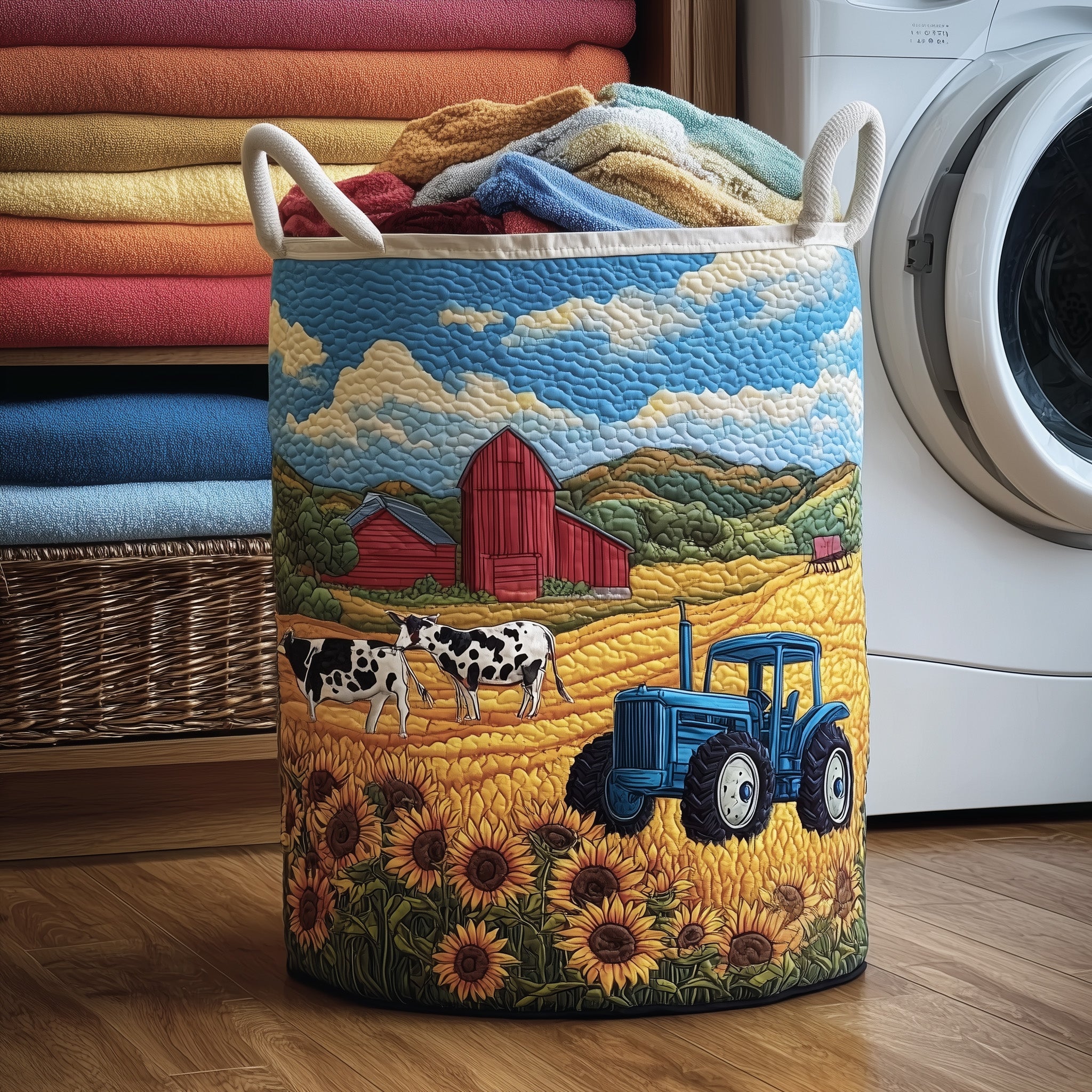 Country Tractor Quilted Laundry Basket Foldable Fabric Clothes Hamper Gift For Father