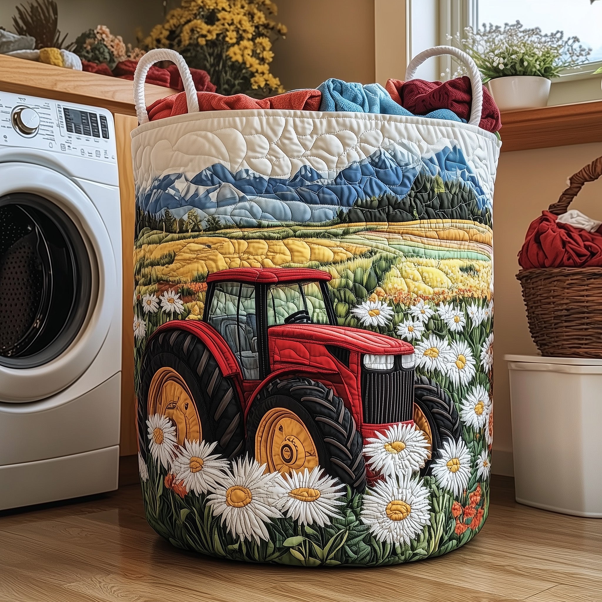 Country Tractor Quilted Laundry Basket Foldable Fabric Clothes Hamper Gift For Him