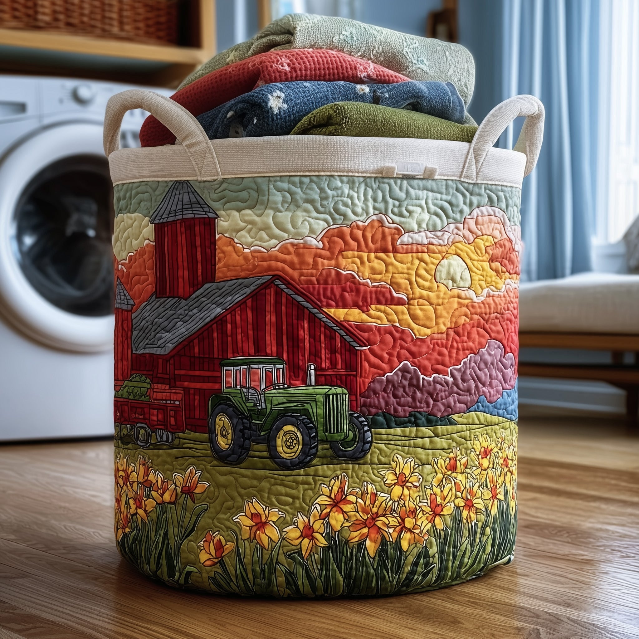 Country Tractor Quilted Laundry Basket Foldable Fabric Clothes Hamper Gift For Mom