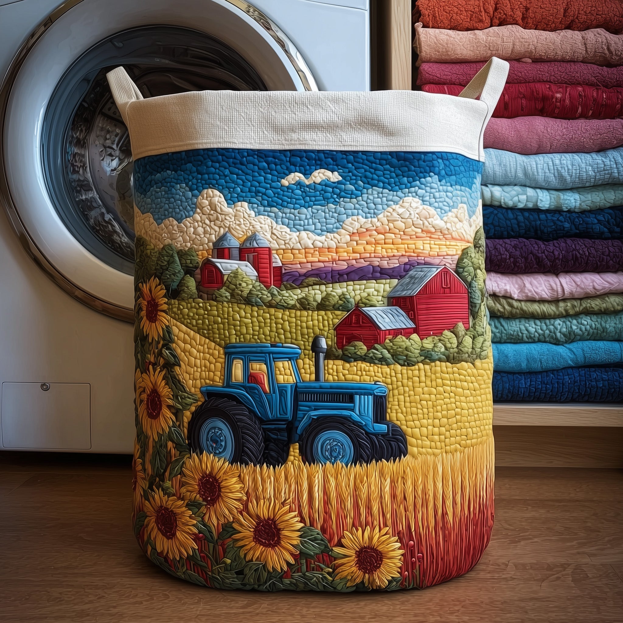 Country Tractor Quilted Laundry Basket Foldable Fabric Clothes Hamper Present For Mom