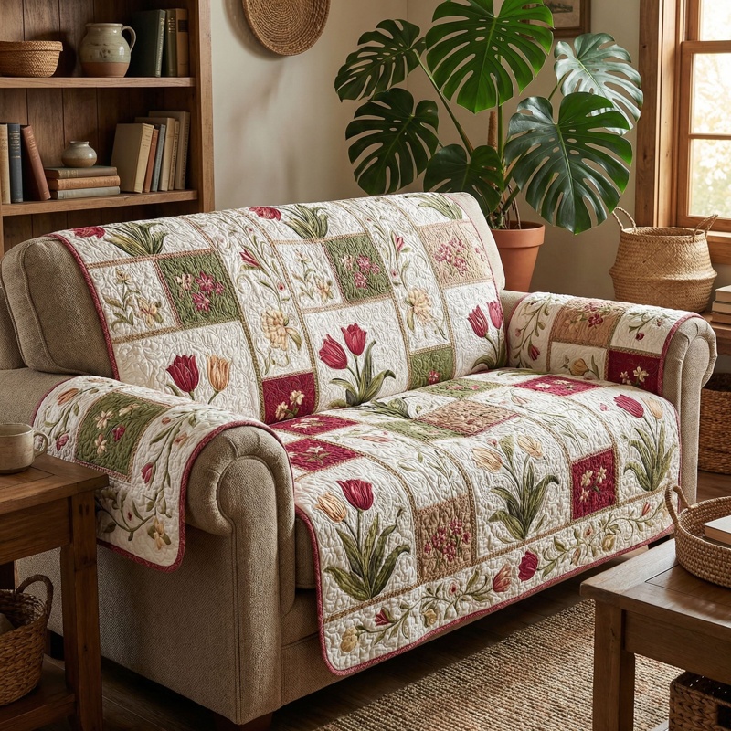 Country Tulip Meadow Quilted Sofa Cover Floral Farmhouse Decor Gift For Gardeners