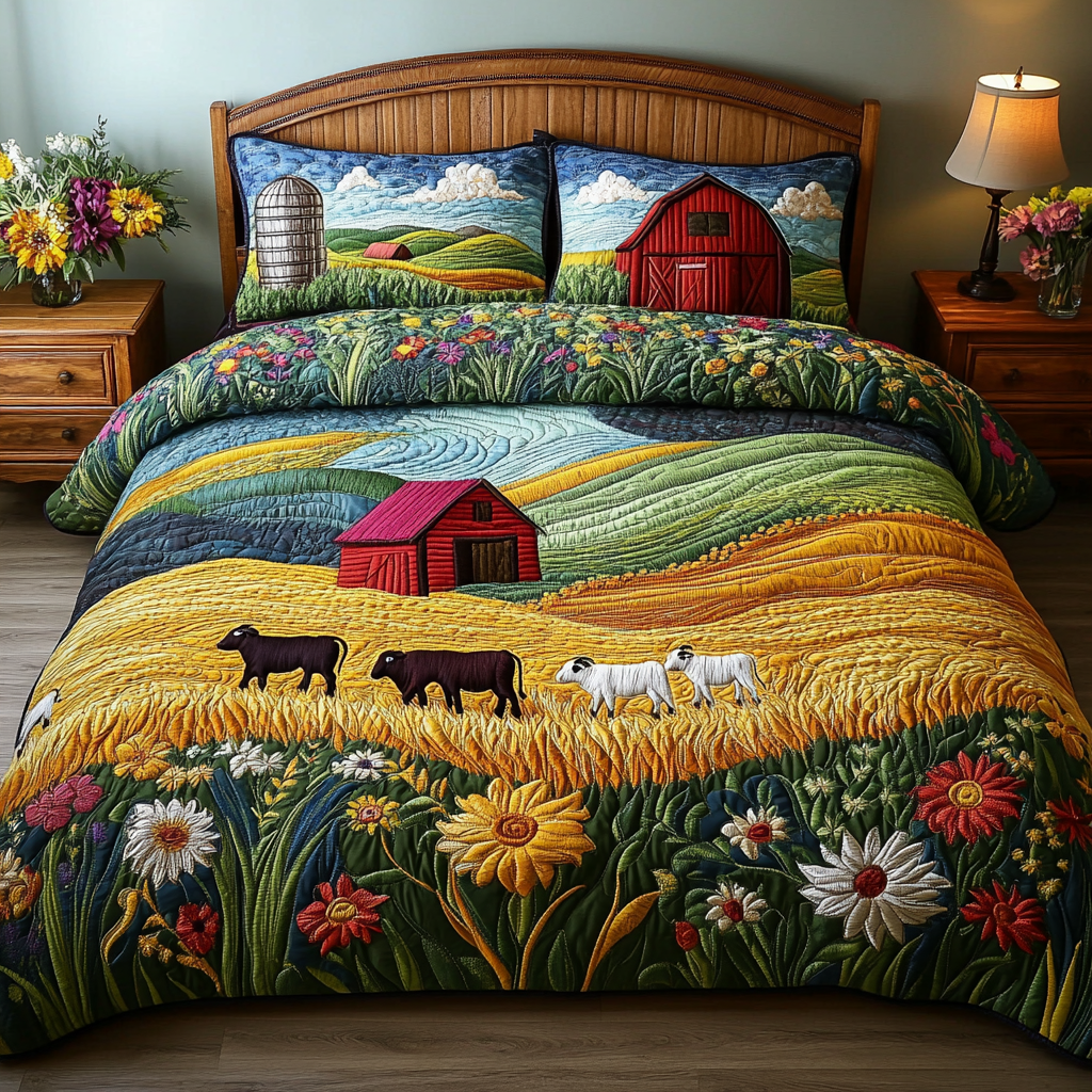 Country View Quilted Bedding Set Cute Farmhouse Bedroom Ideas Gift Idea For Mother In Law