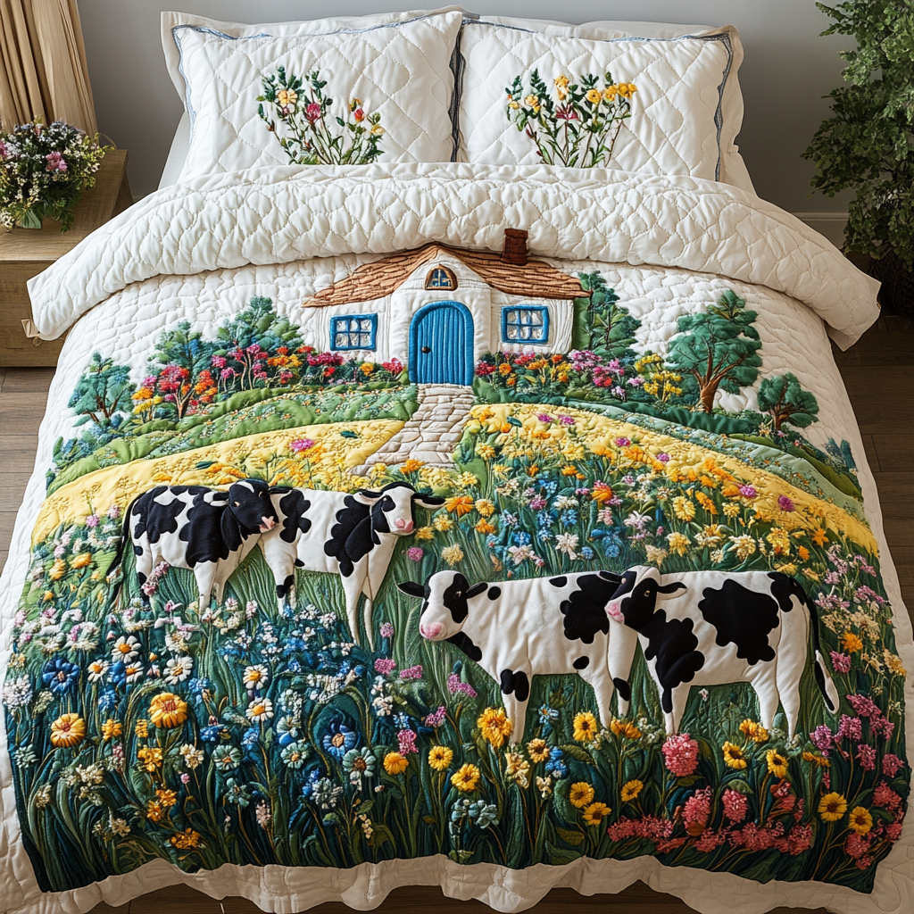 Countryside Charm Quilted Bedding Set Bedroom Decor Cow Print Gifts For Her