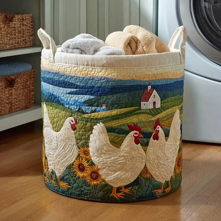 Countryside Chicken Quilted Laundry Basket Farmhouse Animal Home Organizer Gift For Chicken Lovers