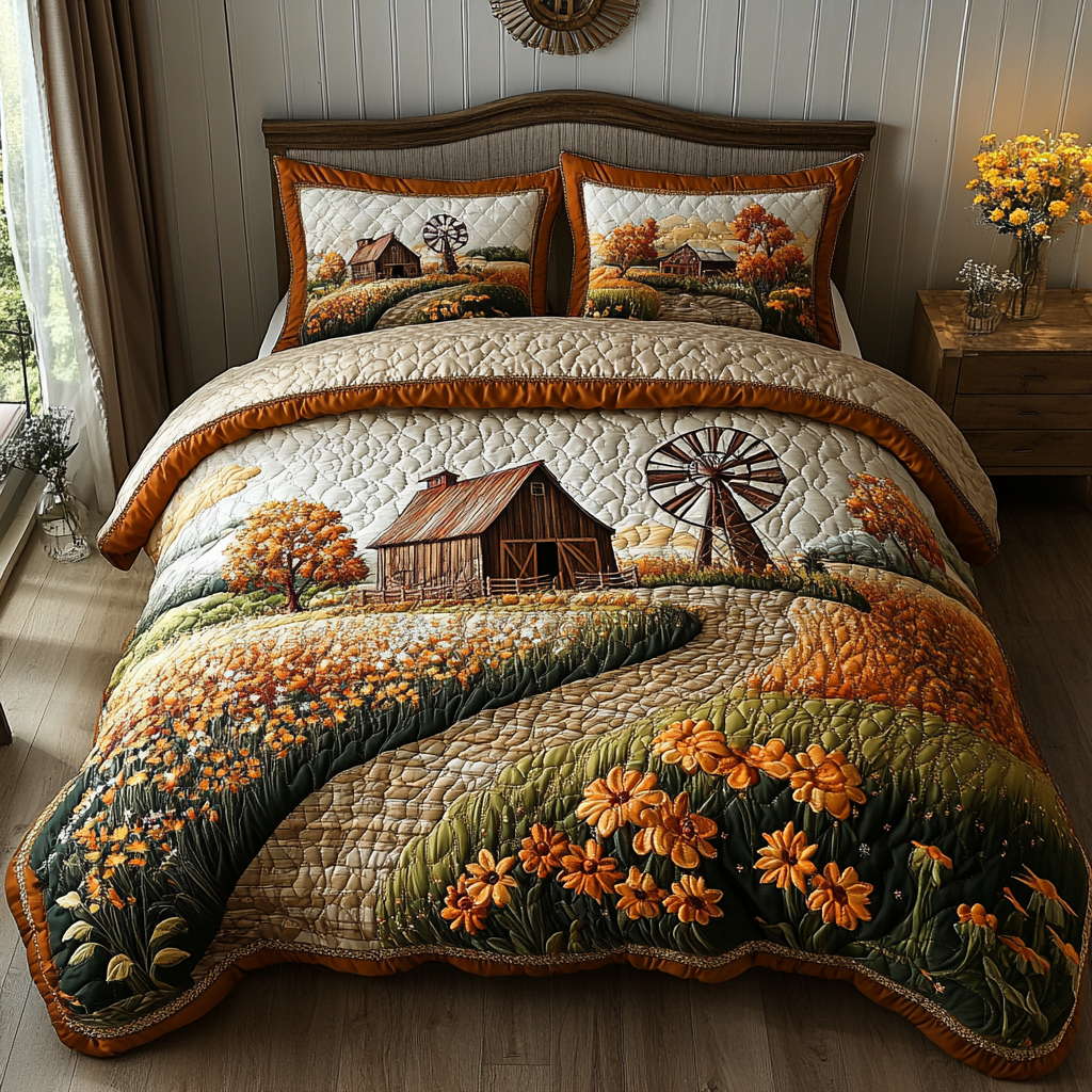 Countryside Tranquil Quilted Bedding Set Bedroom Farmhouse Decor Ideas Gifts For Family
