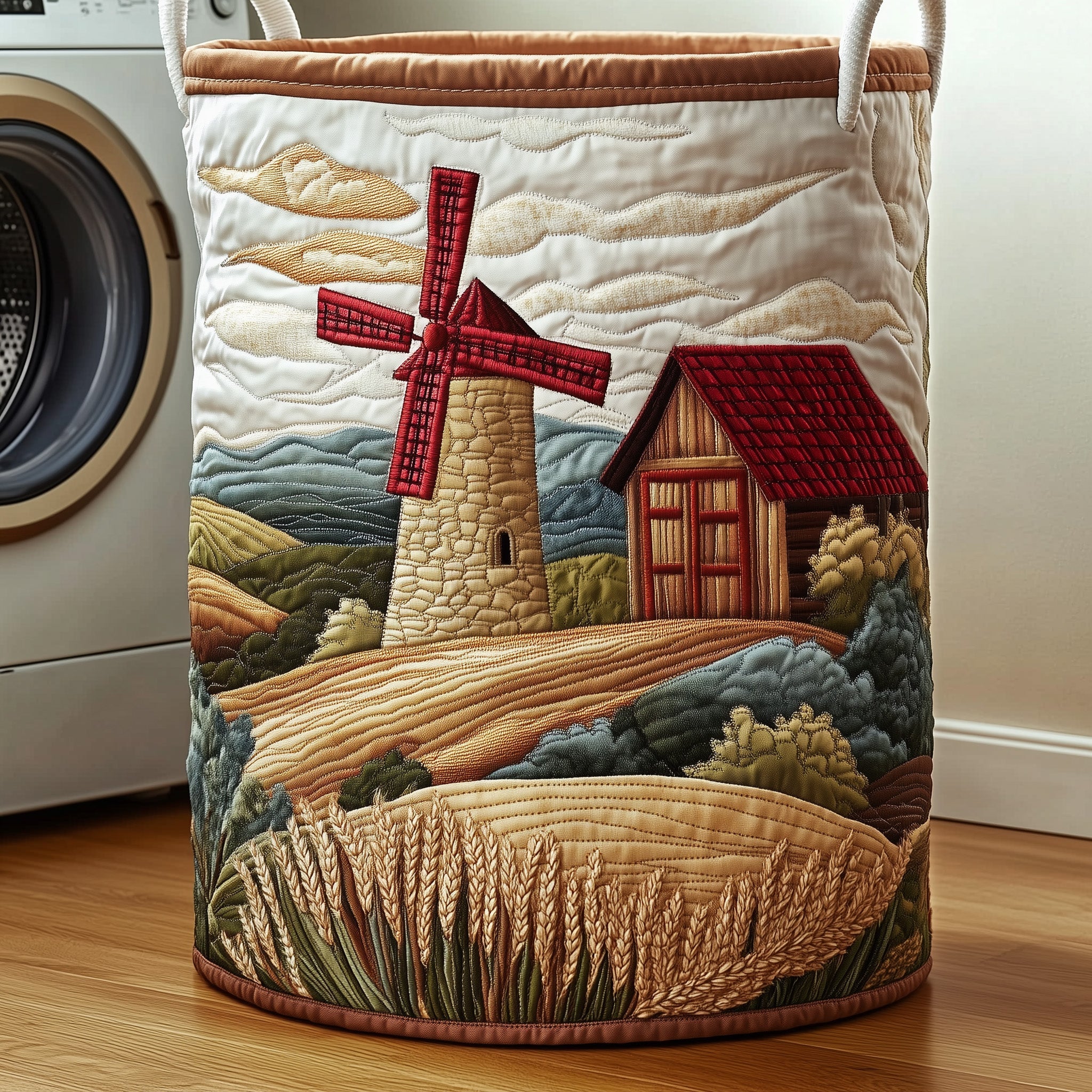 Countryside Windmill Quilted Laundry Basket Merch For Cozy Nights