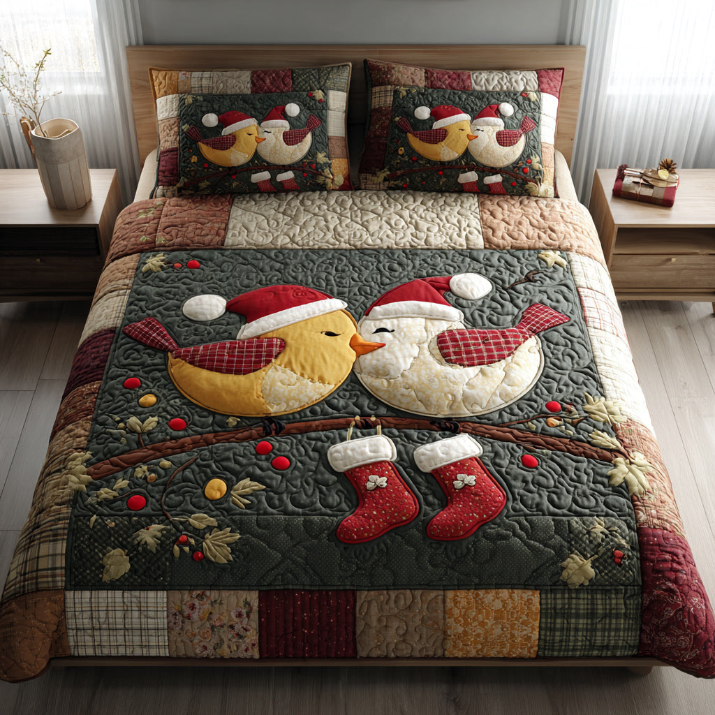 Couple Bird Christmas Quilted Bedding Set Xmas Duvet Cover Set Christmas Presents For Mom