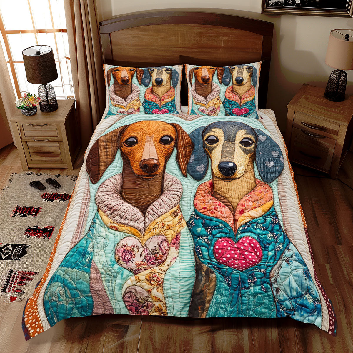 Couple Dachshund Quilted Bedding Set Duvet Cover Bedspread Bedroom Decor Gifts For Boyfriend