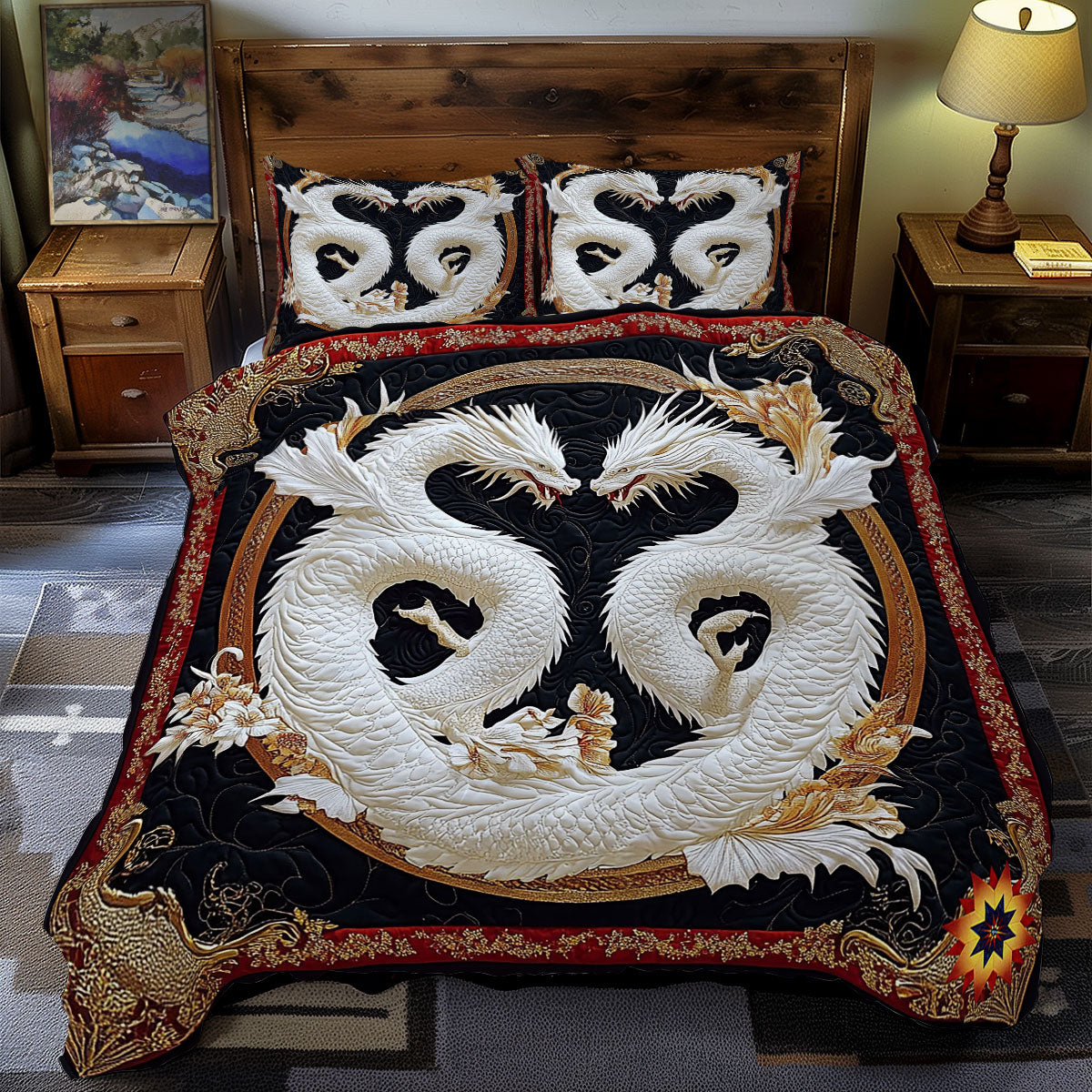 Couple Dragon Quilt Bedding Set King Size Comforter Fantasy Christmas Gift for Couples