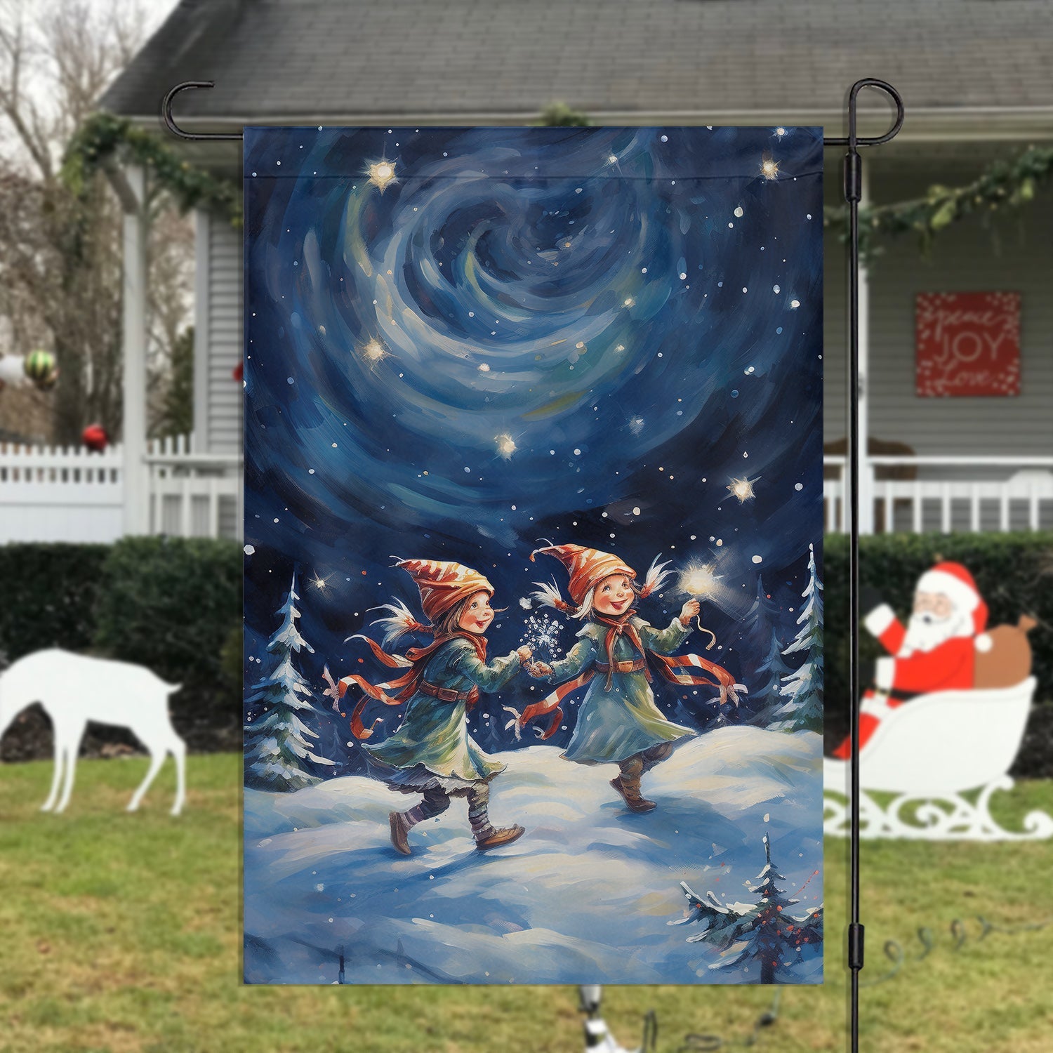 Couple Elf Dancing Christmas Flag Winter Home Decor Ideas Gifts For Elf Lovers