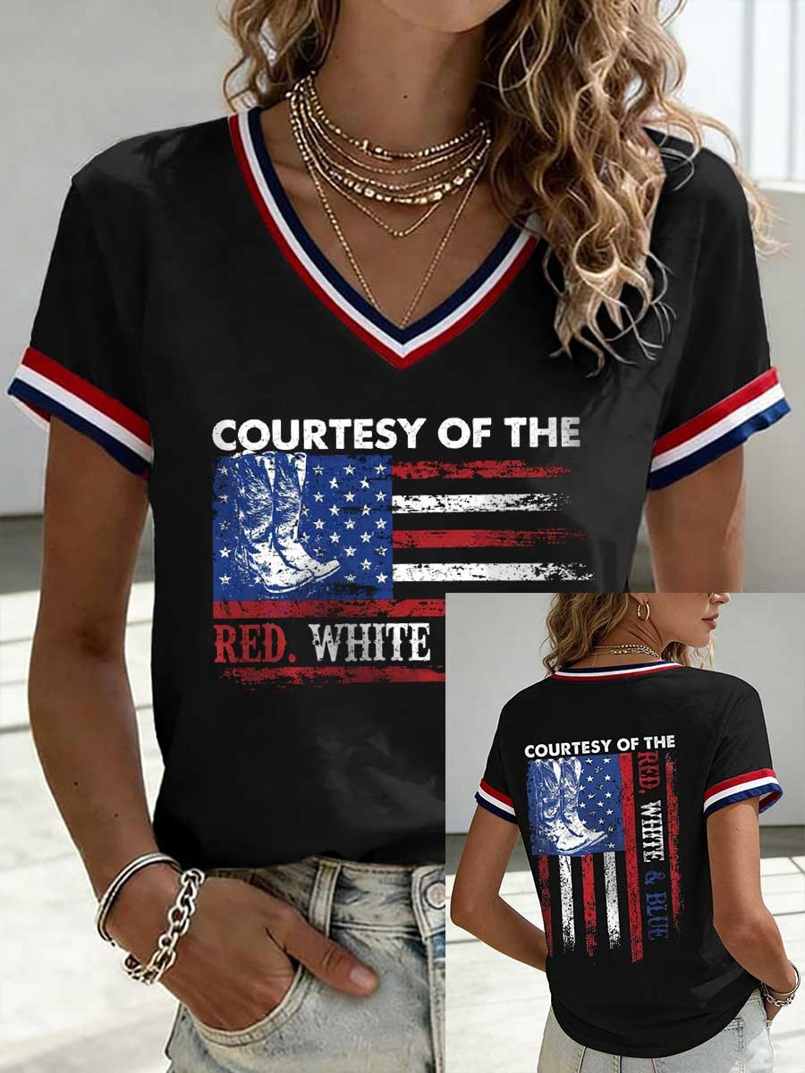 Courtesy Red White Blue V-Neck T Shirt Patriotic Graphic Tees 250th Anniversary Gift