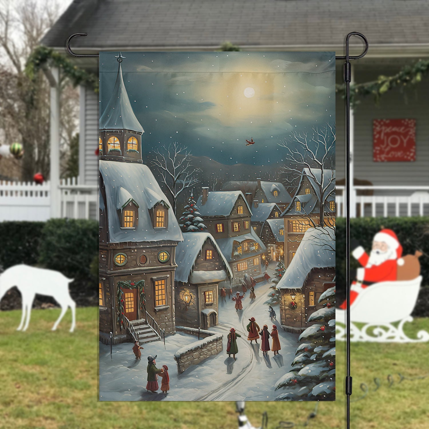 Covered Snow Village Christmas Garden Flag Winter Night Themed Christmas Flag Gift