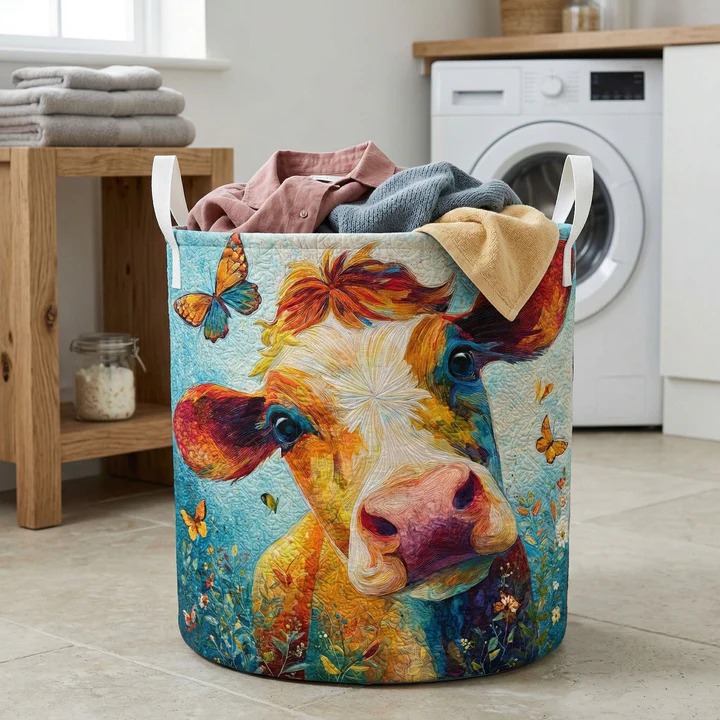 Cow Butterfly Meadow Quilted Laundry Basket Farmhouse Home Decor Best Gift For Cow And Farm Lovers