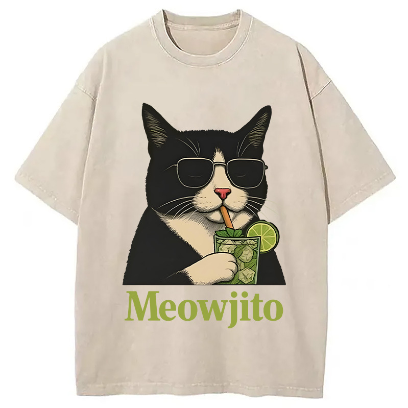 Cow Cat Meowjito Washed T-Shirt Casual Oversized Outfit Style Gifts For Besties